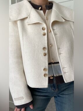 Ivory Cropped Wool Blend Jacket – Sailor Collar, Size M
